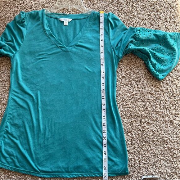 Time & Tru Bell Eyelet Crocheted Sleeve Kelly Green Boho Cottagecore Blouse SZ S - Picture 7 of 9